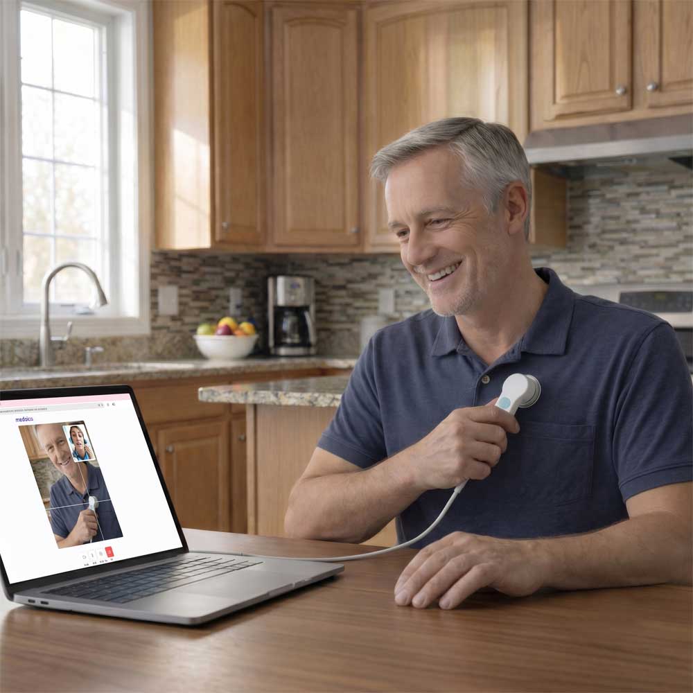 How to check your heart at home - Man using Medaica digital stethoscope for guided at-home heart exam and heart sound recording for heart health monitoring