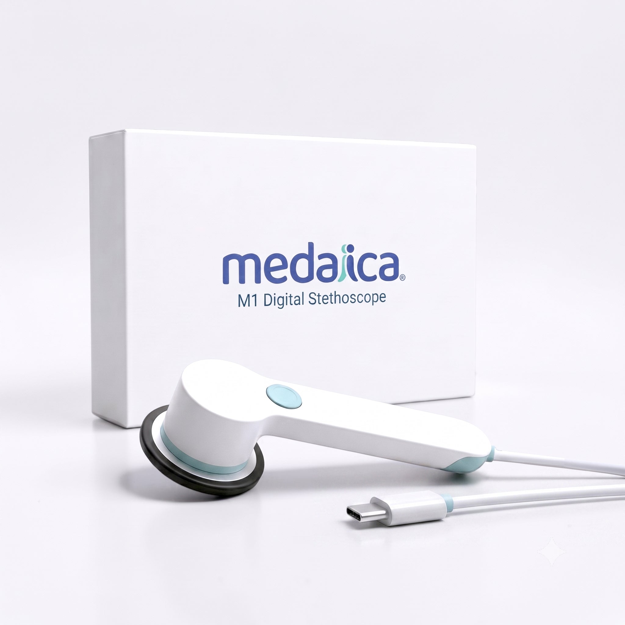 Medaica M1 Digital Stethoscope, helping people take a proactive approach to heart health through guided at-home telehealth heart exams. Heart care from home.
