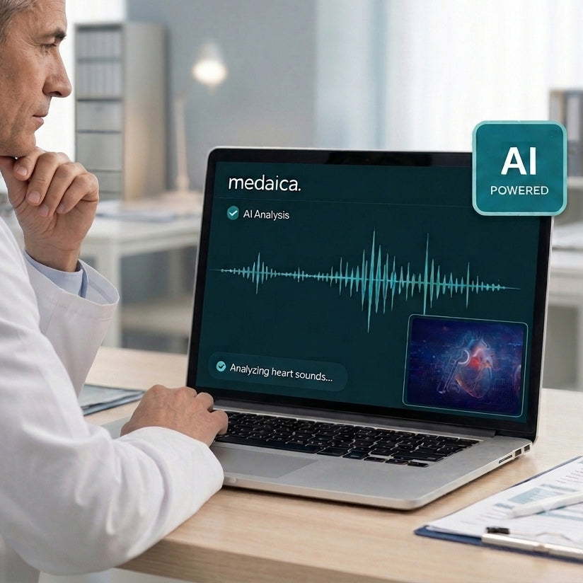 AI-assisted analysis of heart sounds captured with the Medaica M1 digital stethoscope before cardiologist review as part of an at-home telehealth heart exam.