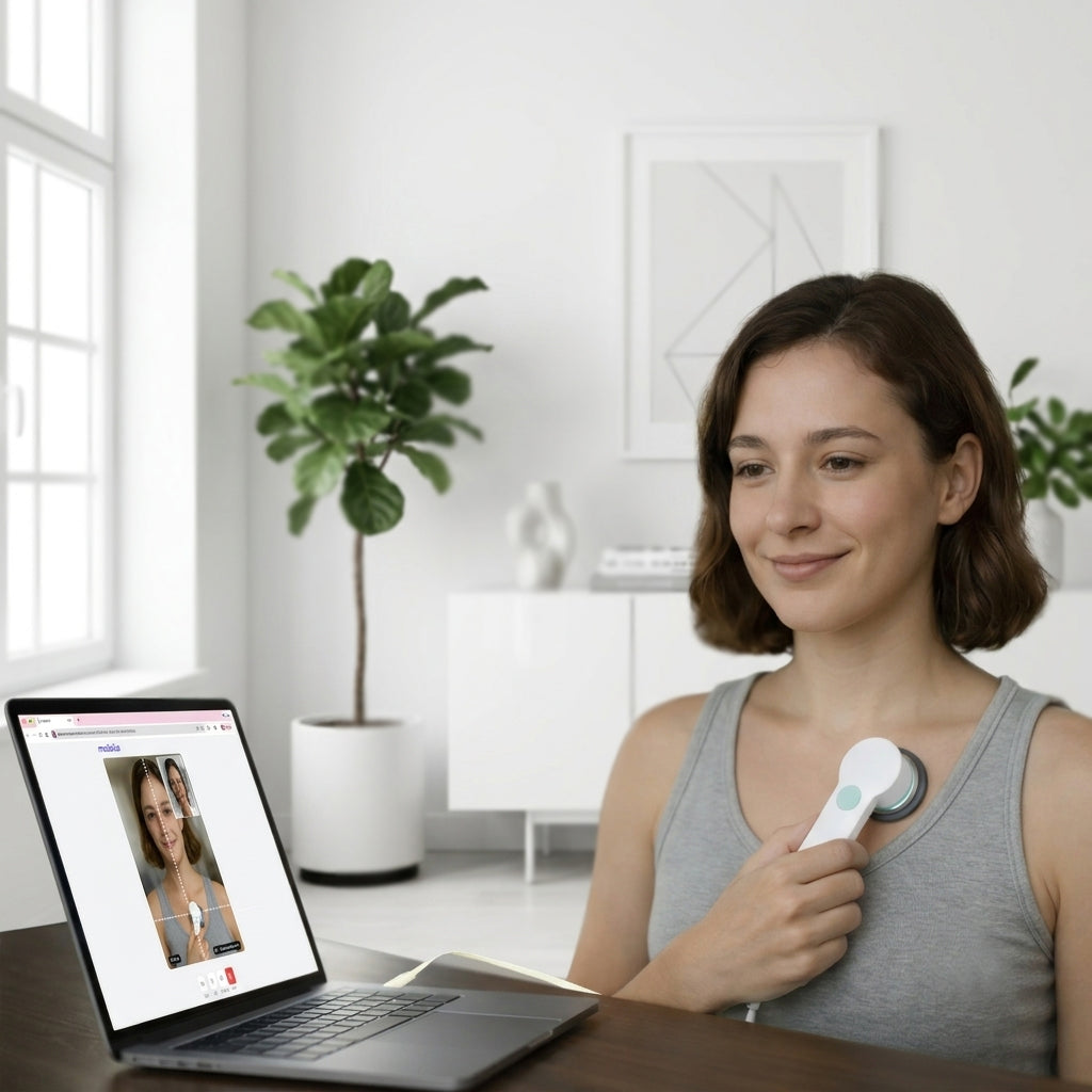 Woman completing a guided Medaica at-home telehealth heart exam using the M1 digital stethoscope while following live on-screen placement instructions.
