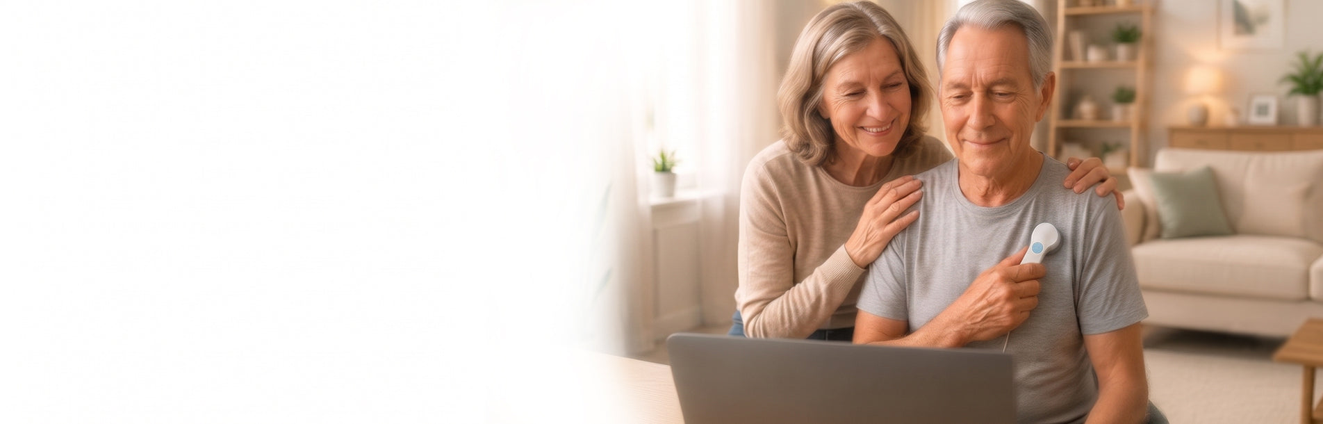 Couple using the Medaica M1 digital stethoscope during an at-home telehealth heart exam, supporting proactive heart health and earlier heart disease detection from home.