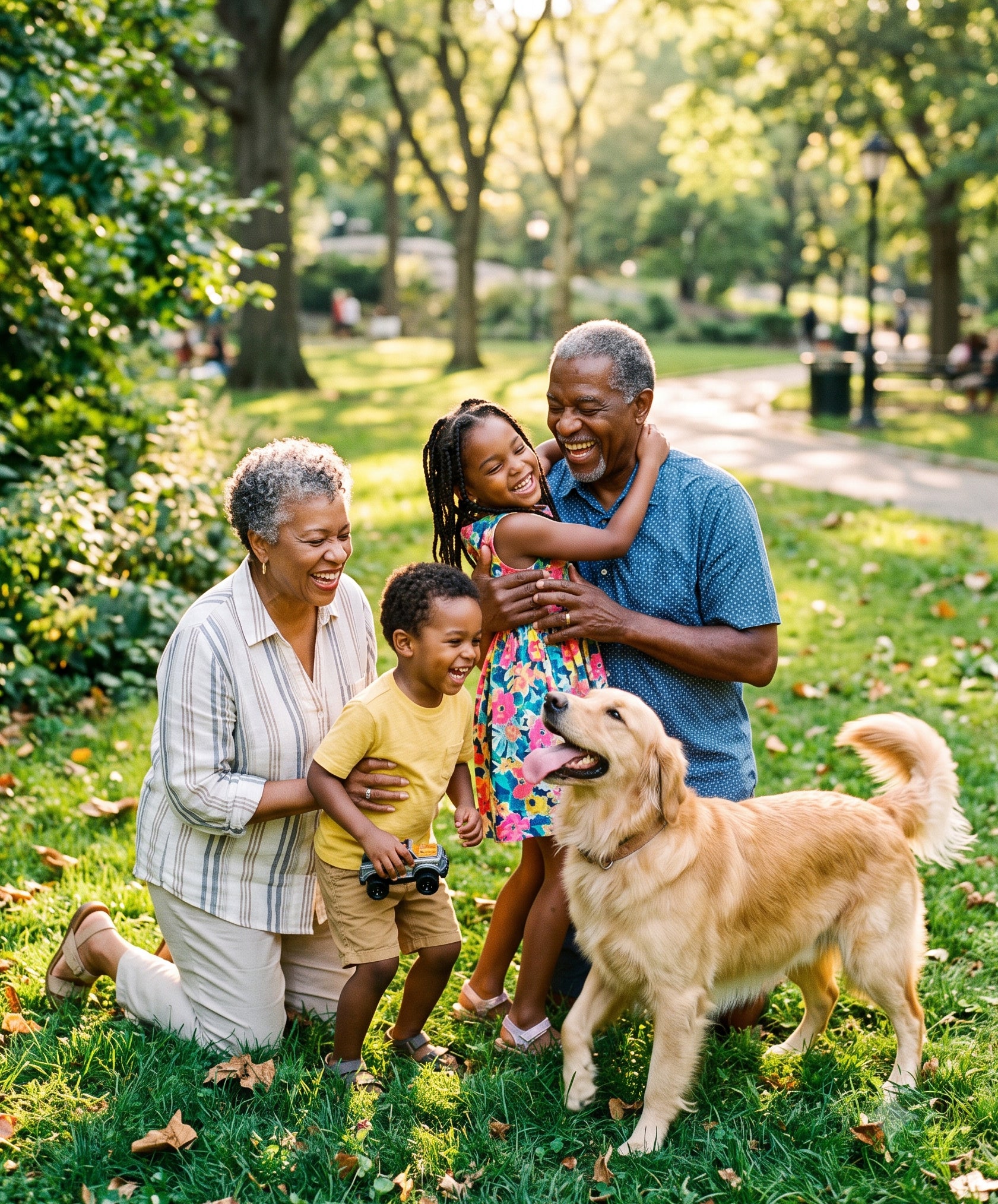 African American grandparents enjoying time with their grandchildren and golden retriever in a sunny park, reflecting Medaica's mission to help families live longer, healthier lives through proactive heart health.