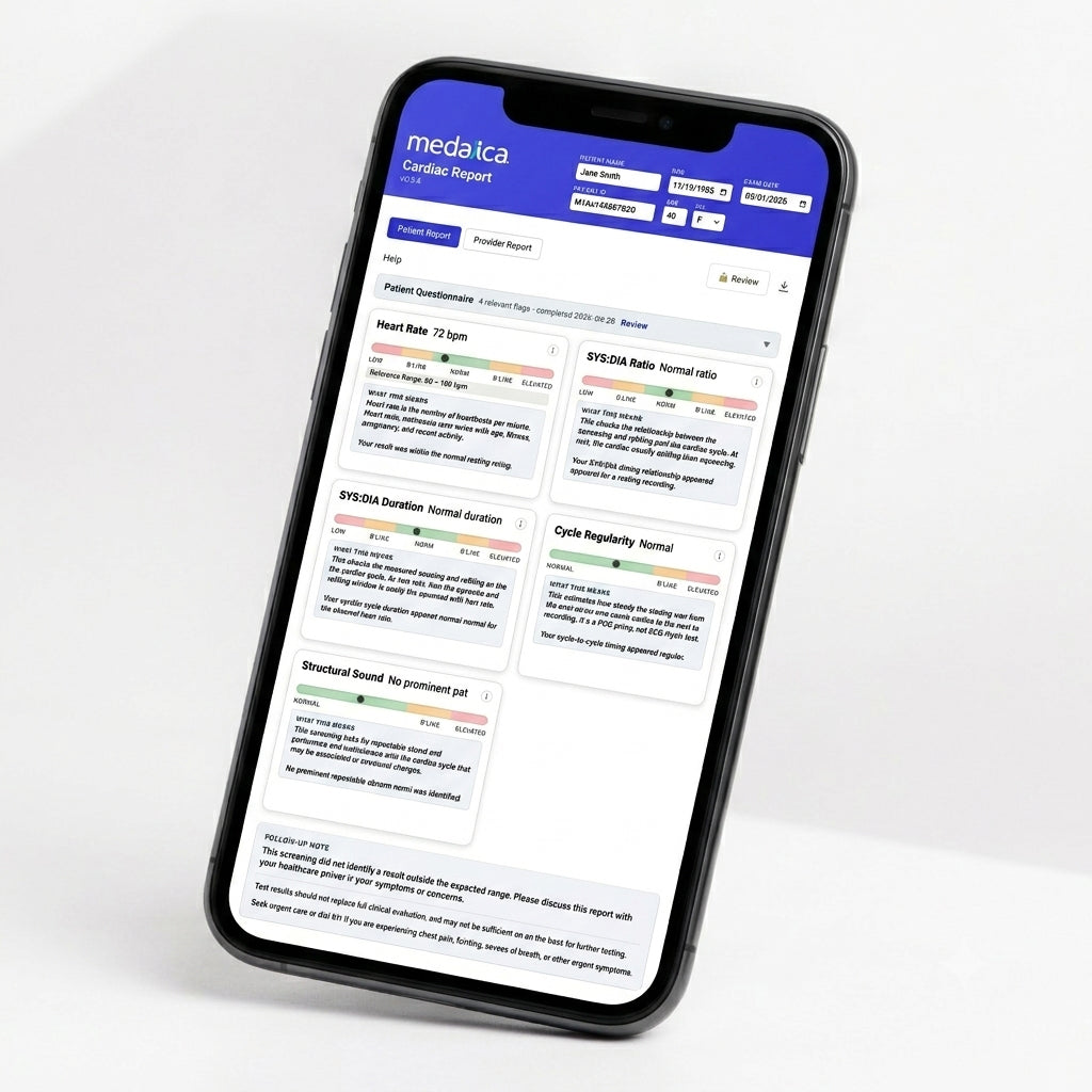 Medaica cardiac report displayed on a smartphone after a guided at-home telehealth heart exam, featuring AI-assisted analysis and cardiologist-reviewed results. receive your Medaica heart report in 2 to 3 days